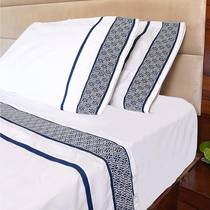 100% Egyptian Cotton Sheets Queen Size - 1000 Thread Count Sheets Queen Size Bed Sheet Set, Long Staple Bedding Sheets, Sateen Weave, Fits Upto 18" Mattress - Navy Blue Embroidered White Sheets - LeafyLoom