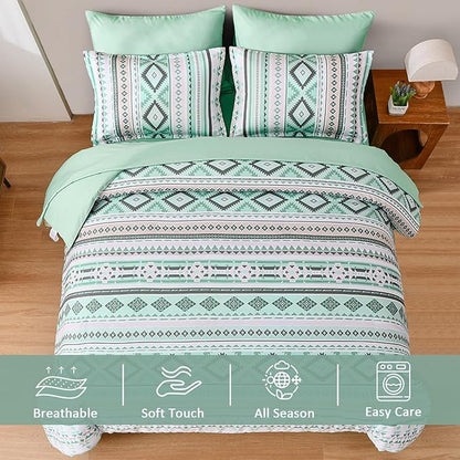 Dinjoy Sage Green Boho Comforter Set Queen Size,7 Pieces Bed in a Bag Queen Light Green Aztec Bedding Sets with Sheets Bohemian Geometric Striped Complete Set for All Seasons 90"x90" - LeafyLoom