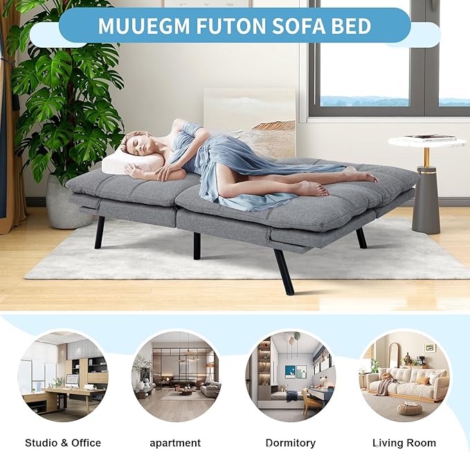 MUUEGM Futon Sofa Bed,Convertible 71" Couch Sofa, Modern Grey Sleeper Sofa with Adjustable Backrest for living room,Memory Foam Sofa Futon Couch Bed,Light Grey - LeafyLoom