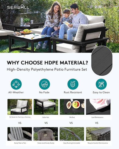 SERWALL HDPE Patio Coversation Set, 7-piece Outdoor Sectional Sofa Set, All Weather Patio Couch Set Patio Furniture for Balcony, Deck, Black Frame with Khaki Cushion - LeafyLoom