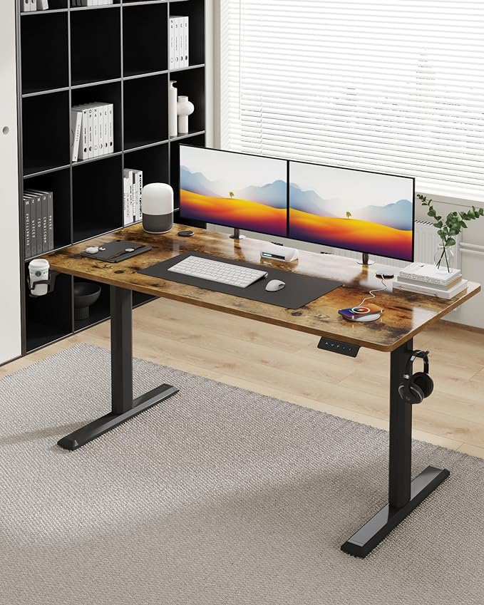 Electric Standing Desk, 43 Inch Height Adjustable Home Office Table with Headphone Hook and Cup Holder, Black Legs/Rustic Brown Top - LeafyLoom