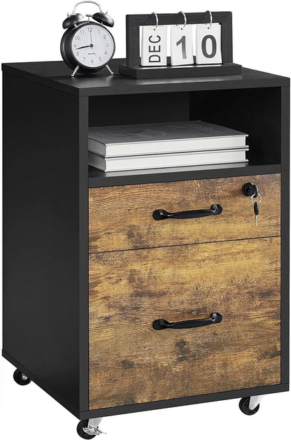 Yaheetech File Cabinet, Under Desk Vertical Cabinet With 2 Drawers and Open Compartment, Printer Stand with Lockable Wheels for A4 Letter Size Hangable File Folders for Home Office(Black/Rustic Brown) - LeafyLoom