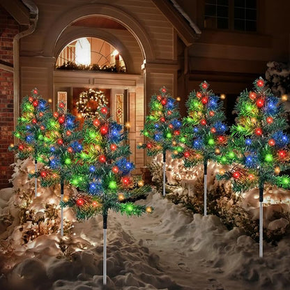 Outdoor Christmas Decorations 6-Pack Solar Christmas Tree with 8 Lighting Modes 120 Multi-Color Lights for House Outside Pathway Yard Garden Walkway Lawn Patio Front Porch Door Aovciust