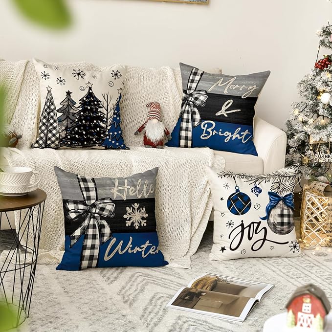 AVOIN colorlife Merry Christmas Joy Xmas Trees Blue and Black Throw Pillow Covers, 20 x 20 Inch Christmas Winter Holiday Cushion Case Decoration for Sofa Couch Set of 4 AVOINcolorlife