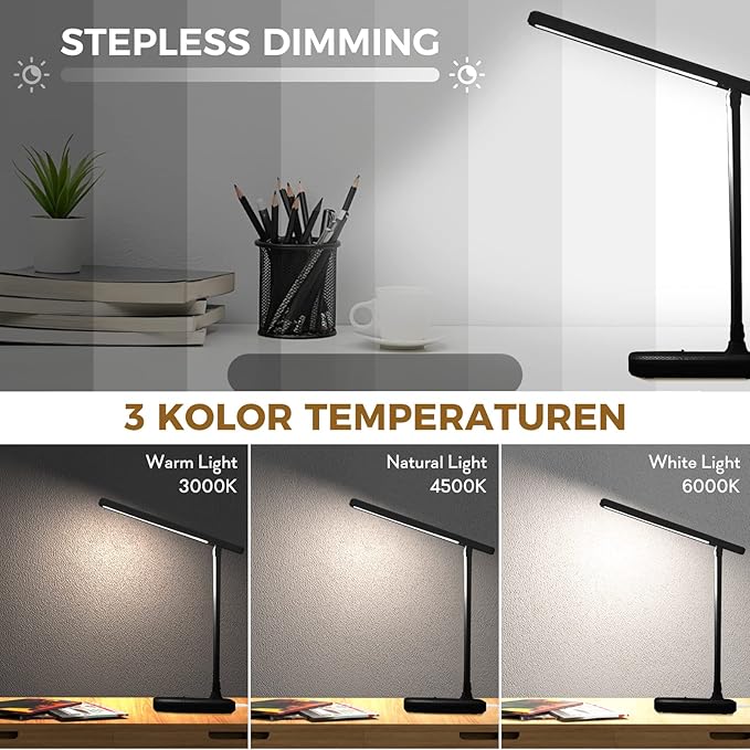 LED Desk Lamp with Touch Control, Reading Lamp No Flicker, 3 Color Modes, Foldable Table Lamp, Eye Caring Reading Light for Office, Home, Dormitory, USB Interface DC5V 1A(Black) - LeafyLoom