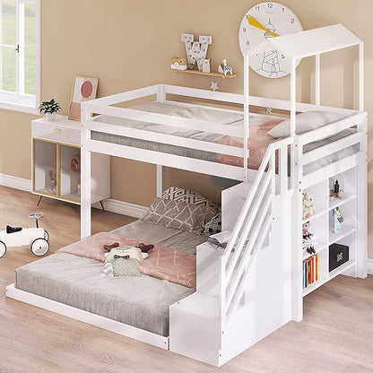 Stairway Twin over Full House Bunk Bed with Storage Shelves & Roof Design,Wooden Bunkbeds wtih Safety Guardrails for Kids/Teen/Adults Bedroom,Space Saving, White - LeafyLoom