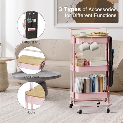 DTK 3 Tier Metal Utility Rolling Cart with Table Top and Side Bags, Metal Tray Storage Organizer Cart with Wheels, Art Craft Cart with 4 Hooks for Kitchen Bathroom Office Living Room (Pink) - LeafyLoom