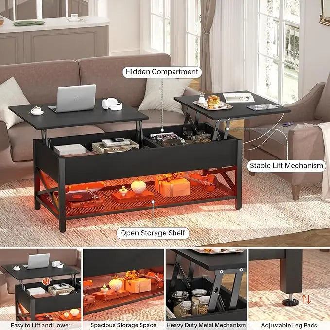 Aheaplus Black Lift-Top Coffee Table with LED Light, Power Outlets and Storage Shelf, 41.7"W x 19.69"L x 19.7"H - LeafyLoom