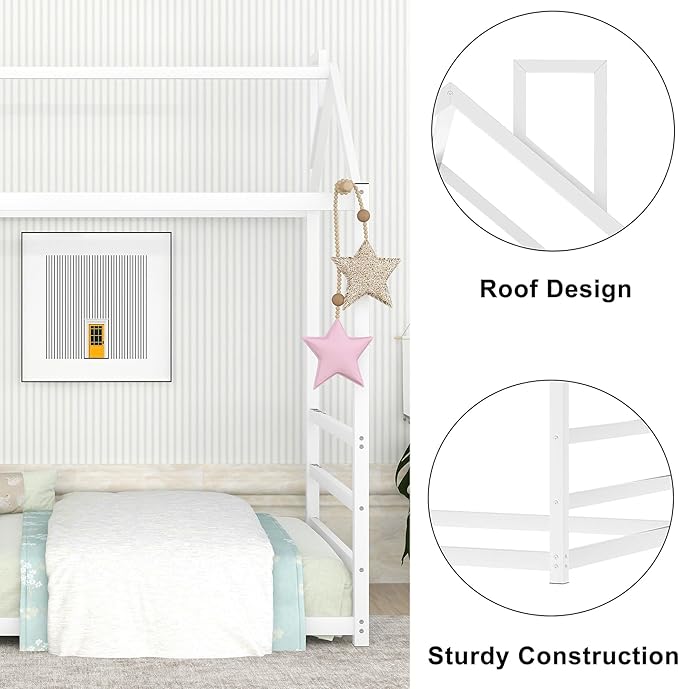 Bellemave Twin Size Montessori Floor Bed for Kids,Floor Bed with Roof, House Bed for Boys Girls,Metal House Shape Platform Bed Twin,White - LeafyLoom