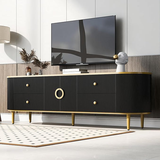 Merax Modern TV Stand for Televisions up to 80 Inches, Entertainment Center with 4 Drawers and 1 Cabinet, Wood Console Table with Metal Legs and Handles for Living Room, 70.9" Length, Black - LeafyLoom