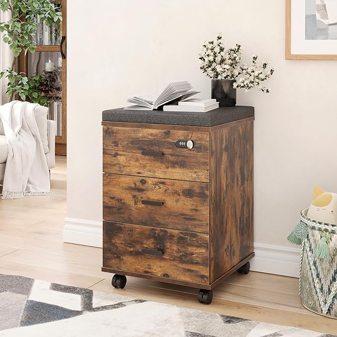 Soohow 3 Drawers Vertical Detachable Cushion Mobile Under Desk File Cabinet with Smart Lock/Casters,Rustic-Black, Large, Brown - LeafyLoom