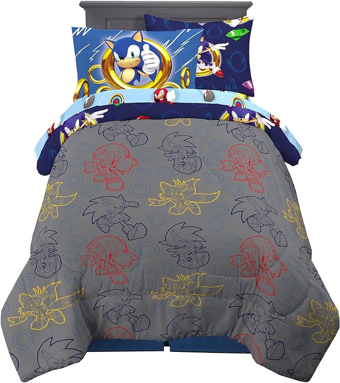 Franco Kids Bedding Super Soft Comforter and Sheet Set with Sham, 5 Piece Twin Size, Sonic The Hedgehog, Anime - LeafyLoom