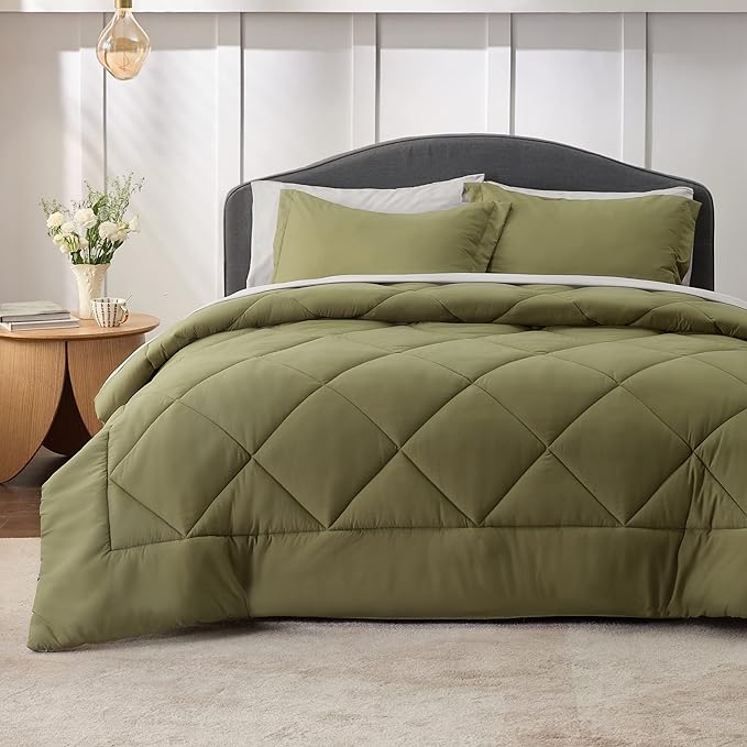 Bedsure Olive Green Twin XL Comforter Set - 5 Pieces Reversible Twin XL Bed in a Bag Twin XL Bed Set with Comforters, Sheets, Pillowcase & Sham, Twin XL Bedding Sets - LeafyLoom