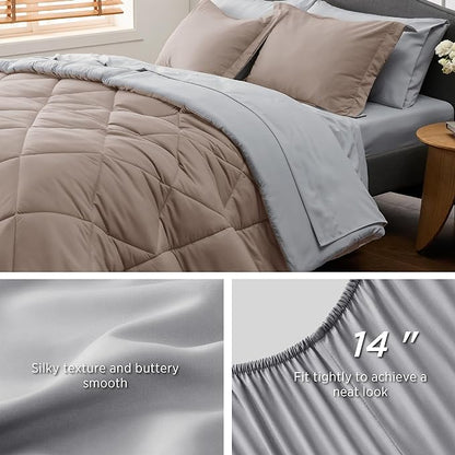 Bedsure Taupe Queen Comforter Set - 7 Pieces Reversible Queen Bed in a Bag Queen Bed Set with Comforters, Sheets, Pillowcases & Shams, Queen Bedding Sets - LeafyLoom