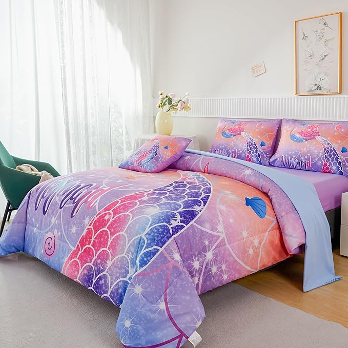 RYNGHIPY Full Bed in a Bag for Kids Teens Girls 6 Pieces, Soft Bedding for All Seasons, Cute Mermaid Tail Kids Bedding Set, Leightweight Girls Fluffy Bed Set - LeafyLoom