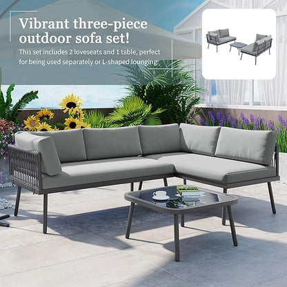 3-Piece Outdoor Patio Furniture PE Rattan Sofa Set, All Weather L-Shaped Sectional Couch with Removable Cushions and Glass Table, for Backyard Poolside Garden, Metal Frame, Onesize, Gray - LeafyLoom