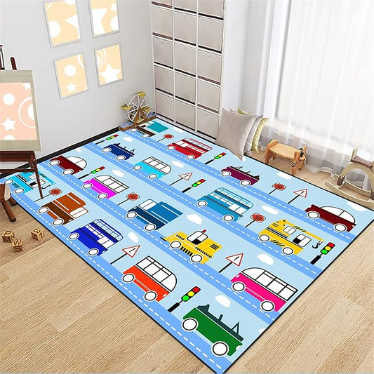 Car Rug Car Play Mat Kids Rugs for Playroom Car Rug Play Mat Rugs for Boys Bedroom Car Carpet for Kids Play Rug for Cars and Trucks Car Rug for Boys Room,Light Blue 5'×7' - LeafyLoom