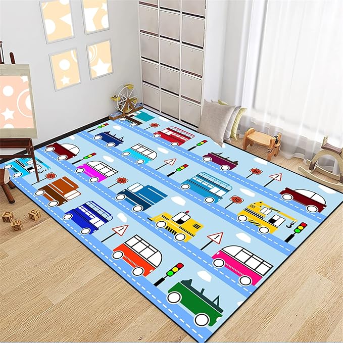 Car Rug Car Play Mat Kids Rugs for Playroom Car Rug Play Mat Rugs for Boys Bedroom Car Carpet for Kids Play Rug for Cars and Trucks Car Rug for Boys Room,Light Blue 4'×5' - LeafyLoom