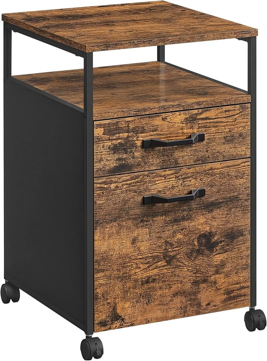 VASAGLE File Cabinet, Mobile Filing Cabinet with Wheels, 2 Drawers, Open Shelf, for A4, Letter Size, Hanging File Folders, Rustic Brown and Ink Black UOFC71X - LeafyLoom