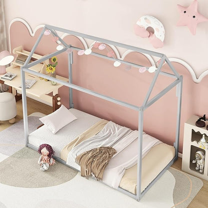 Metal Twin Size Montessori Floor Bed for Kids,Floor Bed Twin,House Bed with Slats for Boys Girls,Metal House Shape Platform Bed,No Spring Box Required,Silver - LeafyLoom