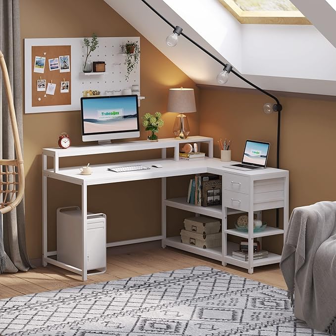 Reversible L-Shaped Computer Desk with hutch & Shelf,white - LeafyLoom