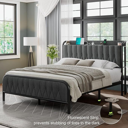 Feonase Full Bed Frame with Type-C & USB Port, Metal Platform Beds, with Linen Upholstered Headboard & Footboard, 12" Underbed Storage Space, Easy Assembly, Noise-Free, Dark Gray - LeafyLoom