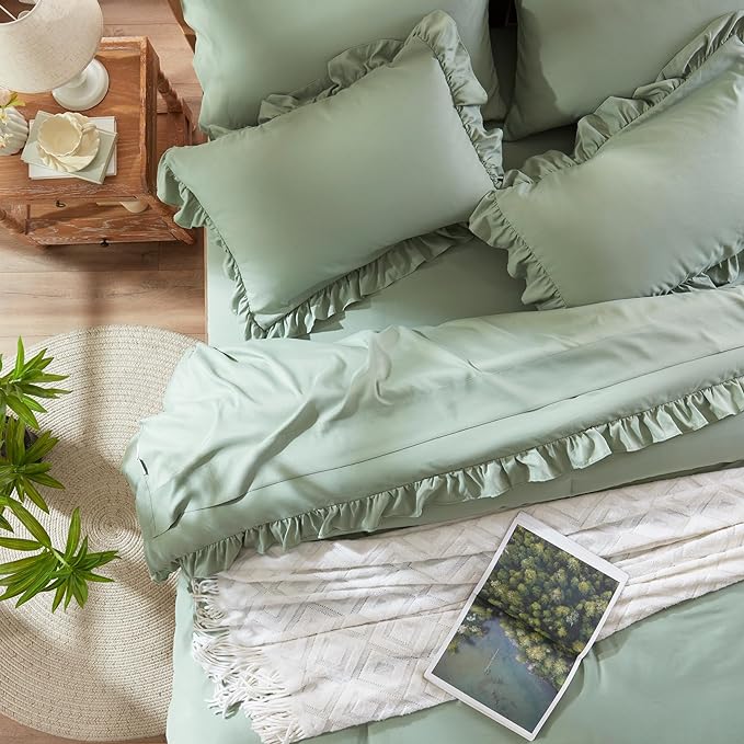 Anluoer Queen Comforter Set 7 Piece, Sage Green Bed in a Bag with Sheets, All Season Ruffle Shabby Chic Bedding Sets with 1 Comforter, 2 Pillow Shams, 2 Pillowcases, 1 Flat Sheet, 1 Fitted Sheet - LeafyLoom