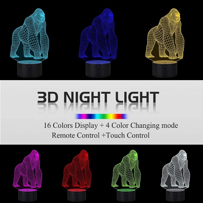 Elstey 3D Gorilla Lamp Mood Lamp 16 Color Nursery Night Lights Illusion Acrylic LED Table Bedside Lamp, Children Bedroom Desk Decor, Birthday Christmas Gift Cute Toy for Kids Adult - LeafyLoom