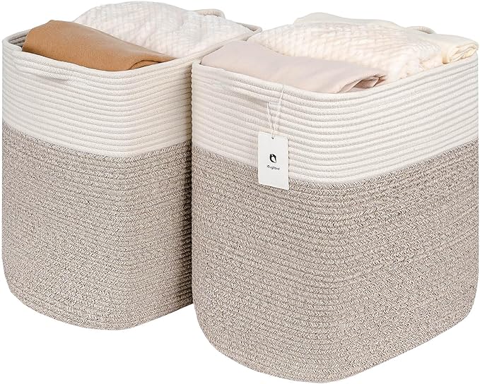 Toy Storage Baskets for Clothes Fabric Cotton Rope Storage Basket with Handles, Decorative Woven Basket for Living Room,Closet Organizer Blankets, and Toys (White Brown 2bags) - LeafyLoom