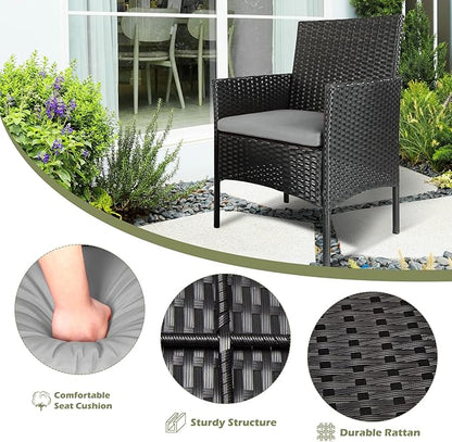 Patio Furniture Set 3 Pieces All-Weather Rattan Outdoor Furniture Patio Chairs with Tempered Glass Table for Porch Bistro Balcony Bistro Set(Black/Grey-2) - LeafyLoom