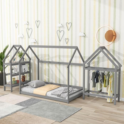 Twin Size Wood House Bed,Wood Platform Bed with Storage Shelves and Hanger,Floor Twin Size Montessori Bed Frame, Kids Boys Girls Bedroom,Living Room,No Box Spring Required,Grey - LeafyLoom