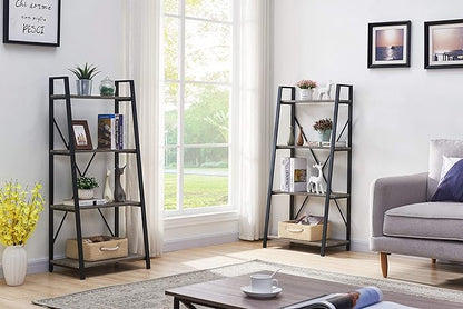 BON AUGURE Rustic Ladder Bookshelf, 4 Tier Industrial Ladder Shelf Bookcase, Standing Leaning Book Shelves for Living Room (Dark Gray Oak) - LeafyLoom