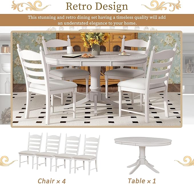 5-Piece Round Extendable Dining Set, Included Solid Wood 42"-58'' Adjustable Tables and 4 Upholstered Chairs, Retro Functional Dinette Furniture for Kitchen Living Room, Antique White - LeafyLoom