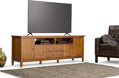 SIMPLIHOME Warm Shaker SOLID WOOD Universal TV Media Stand, 72 inch Wide, Transitional, Living Room Entertainment Center with Storage, for Flat Screen TVs up to 80 inches in Light Golden Brown - LeafyLoom