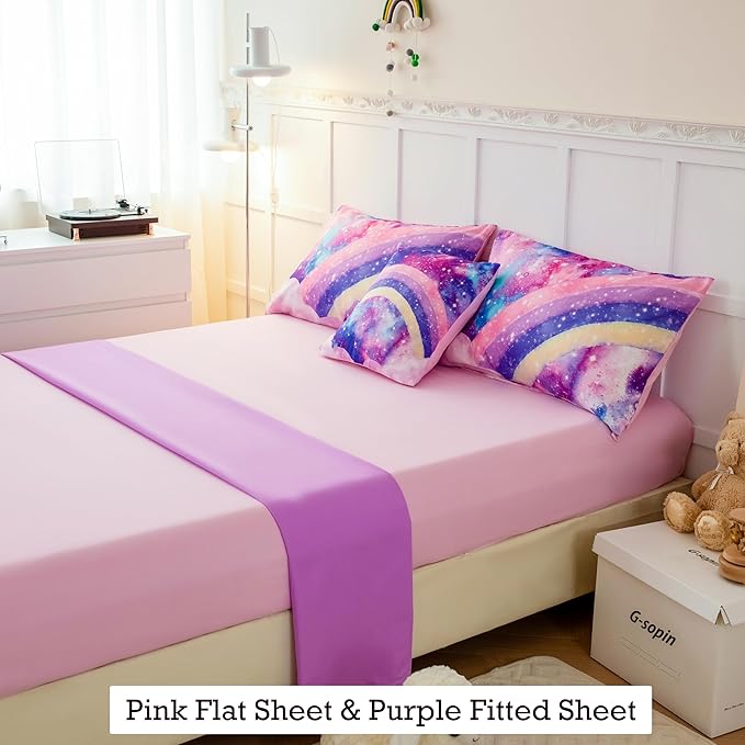 6Pcs Teen Pink Bedding Set Full for Girls, 3D Tie Dye Comforter Pink Colorful Rainbow Kids Comforter Set, Ultra Soft Pastle Nebula Printed Bed in A Bag with Sheets - LeafyLoom