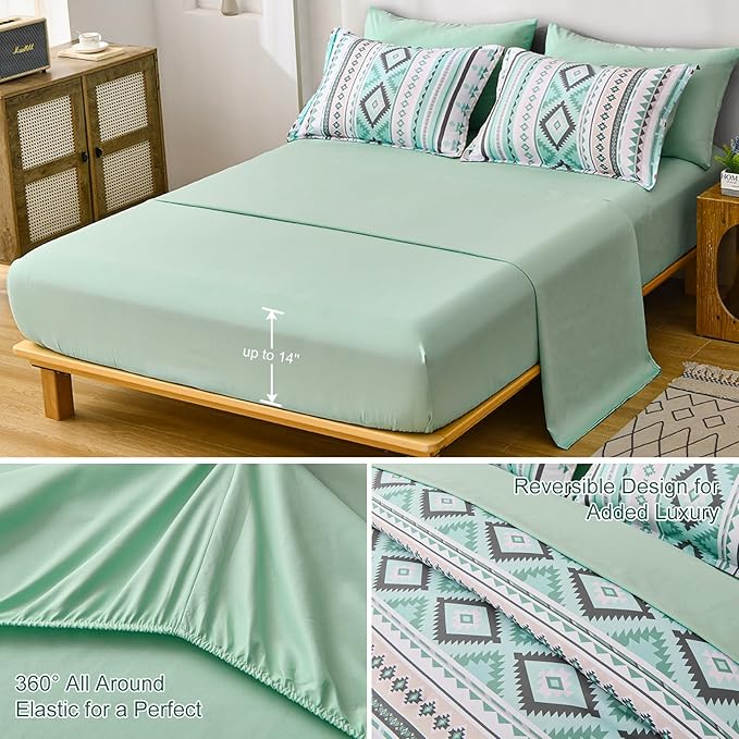 Dinjoy Sage Green Boho Comforter Set Queen Size,7 Pieces Bed in a Bag Queen Light Green Aztec Bedding Sets with Sheets Bohemian Geometric Striped Complete Set for All Seasons 90"x90" - LeafyLoom