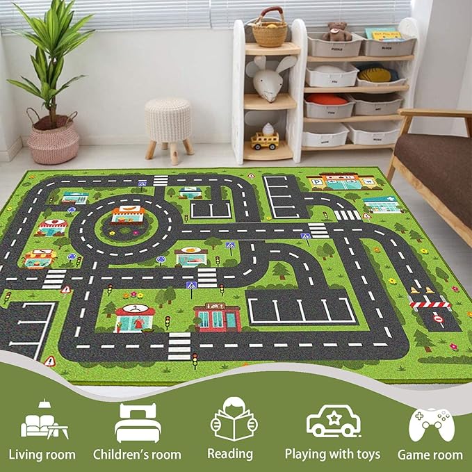 Car Rug Play Mat, Road Rug Carpet for Kids, City Life Educational Road Traffic Carpet for Ages 3-12 Years Old(80×120cm/32×47inch) - LeafyLoom