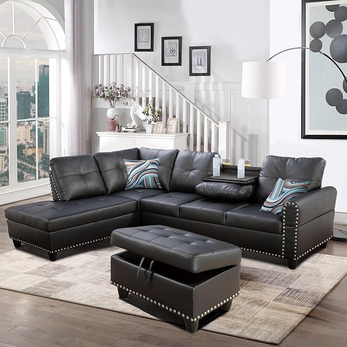 L Shaped Sofa with Ottoman Modern Nail-Head Design PU Sectional Couches with Chaise, Cup Holder for Living Room, Bedroom, Office, Leather Black - LeafyLoom