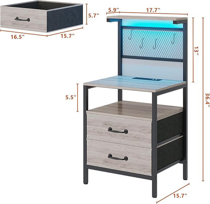 Tall Nightstand with Charging Station and LED Lights, Night Stand with Fabric Drawers, Bedside Table 36.4 Inch with Storage Shelves, Side Table, Mesh Shelves with Metal Hooks, Greige - LeafyLoom