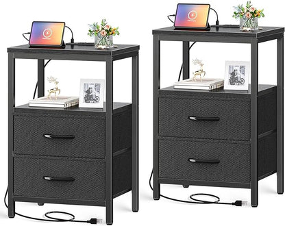 Nightstands Set of 2, End Tables with Charging Station, Side Tables with Fabric Drawers, Bedside Tables with USB Ports and Outlets, Night Stands for Bedroom, Black - LeafyLoom