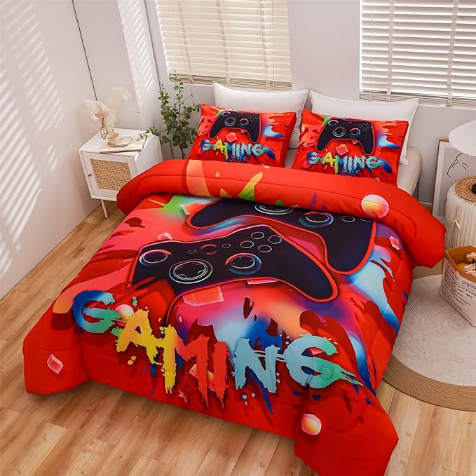 Aimuan Gaming Comforter Sets for Boys Kids Bedding Sets Video Games Console Action Buttons Novelty Colorful Game Gamepad Controller Modern Gamer Room Decor Home Quilt Set (Twin, Red) - LeafyLoom