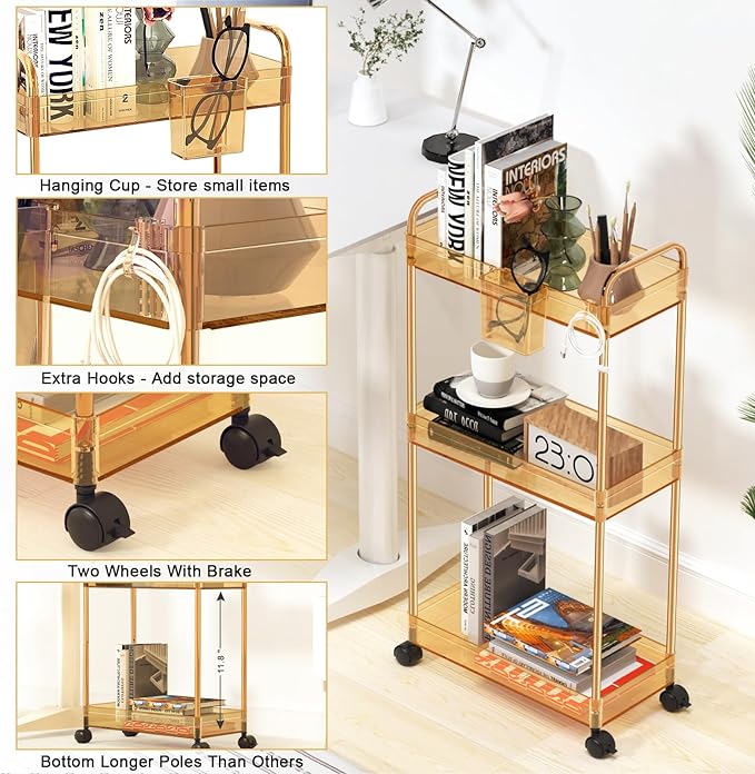 SPACEKEEPER 3 Tier Utility Storage Cart Rolling Bathroom Organizer, Transparency Mobile Shelving Unit Clear Rolling Utility Cart Multifunction, Amber - LeafyLoom