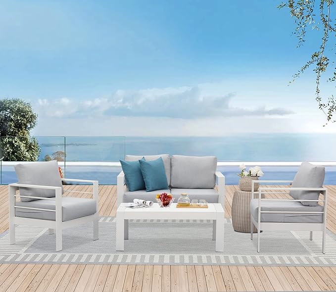 Solaste Outdoor Aluminum Furniture Set - 4 Pieces Patio Sectional Chat Sofa Conversation Set with Table,White - LeafyLoom