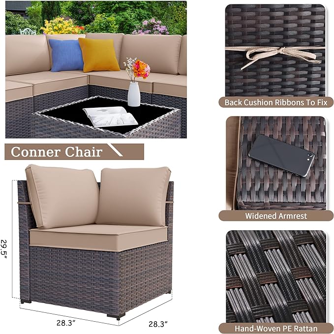 Patio Furniture Set Sofa 12-Pieces Wicker Sectional Sofa Set, Outdoor Furniture Rattan Patio Conversation Set with Thickened Cushions and Glass Coffee Table, Sand - LeafyLoom