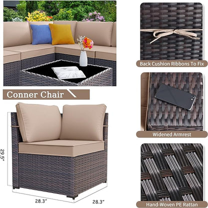 Patio Furniture Set Sofa 12-Pieces Wicker Sectional Sofa Set, Outdoor Furniture Rattan Patio Conversation Set with Thickened Cushions and Glass Coffee Table, Sand - LeafyLoom