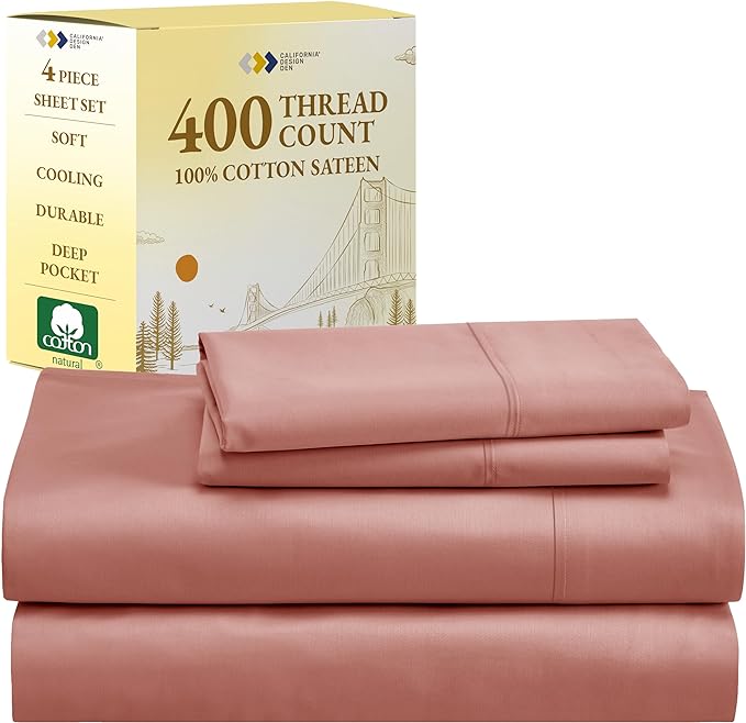 California Design Den Luxury Sheets King Size Set, 400 Thread Count 100% Cotton Sateen - Soft, Breathable & Cooling Sheets, 4-Pc Deep Pocket Bed Sheets - Coral Pink - LeafyLoom