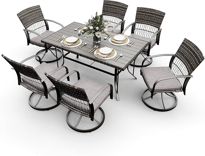 Pamapic 7 Piece Patio Dining Set for 6,Wicker Outdoor Furniture Set for Backyard Garden Deck Poolside with Iron Slats Table Top,6 Cushions Swivel Rocker Chairs,Removable Cushions(Gray) - LeafyLoom