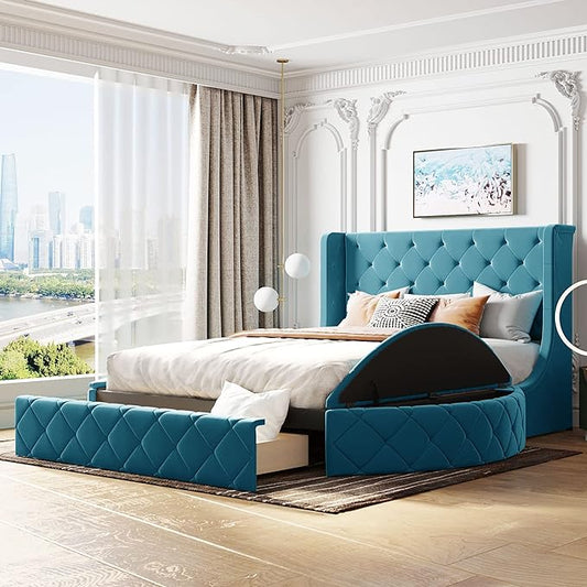 Velvet Upholstered Platform Bed Frame Queen Size with Wingback Headboard, Solid Wood Storage Bed with Spacious Drawer and Convenient Side Storage Stools, Elegant Design, Blue - LeafyLoom