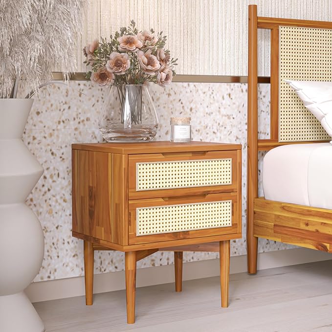 Bme Nightstand Oliver Solid Wood Rattan Side End Table, Fully Assembled, for Bohemian & Mid Century Style Bedroom and Living Room, Caramel - LeafyLoom