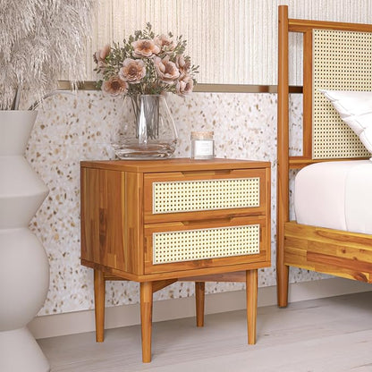 Bme Nightstand Oliver Solid Wood Rattan Side End Table, Fully Assembled, for Bohemian & Mid Century Style Bedroom and Living Room, Caramel - LeafyLoom